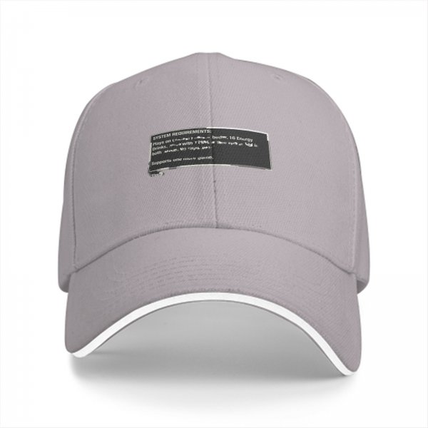 Black baseball cap with system requirements text print