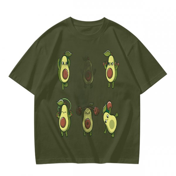 Olive Green T-Shirt with Cartoon Avocado Fitness Characters Print
