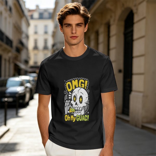 Olive T-Shirt With Funny Skull 'OMG Oh My Guac!' Print