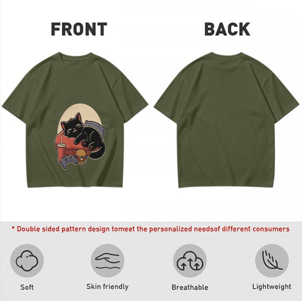 Olive T-Shirt with Relaxed Black Cat Gaming Snack Print
