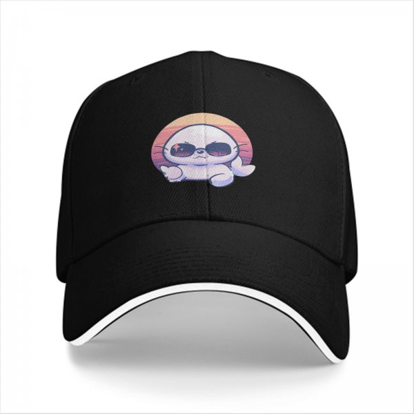 Black Baseball Cap With Cool Sunglasses Seal Sunset Graphic