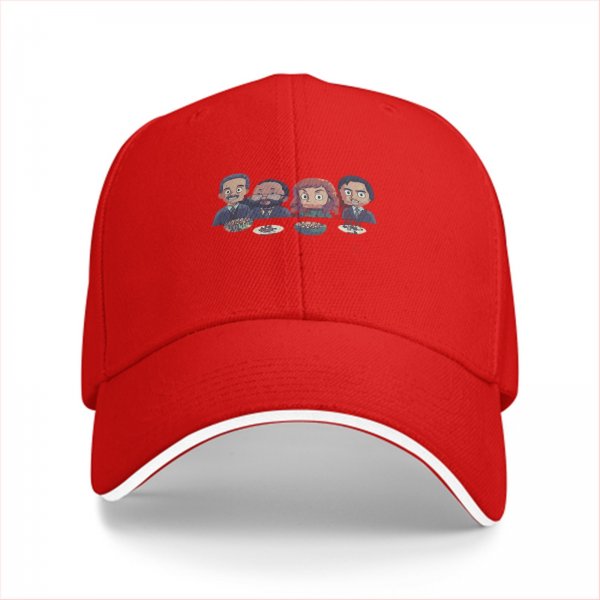 Black baseball cap with cartoon characters eating at table print