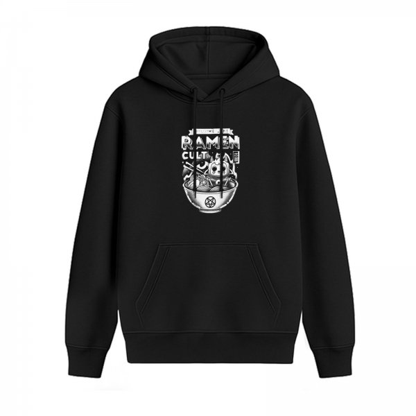 Black Hoodie With Ramen Cult Demon Cat Graphic Print