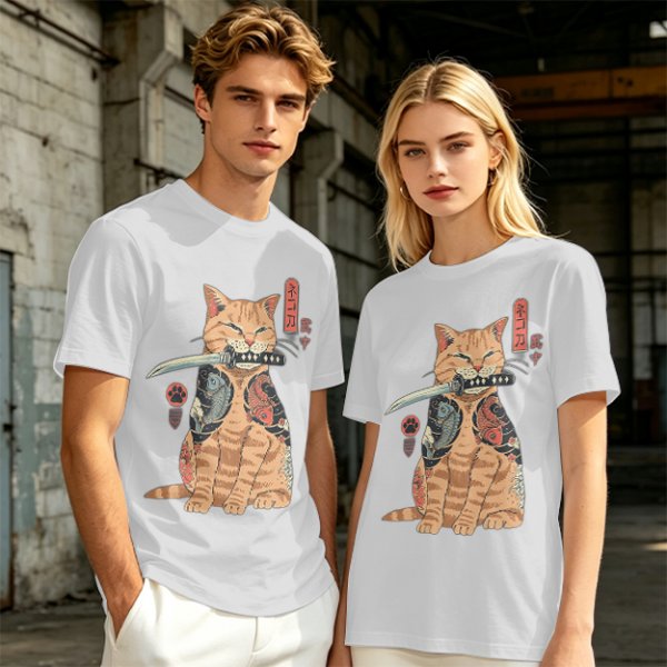 Olive T-Shirt With Samurai Cat Holding Katana And Koi Tattoos