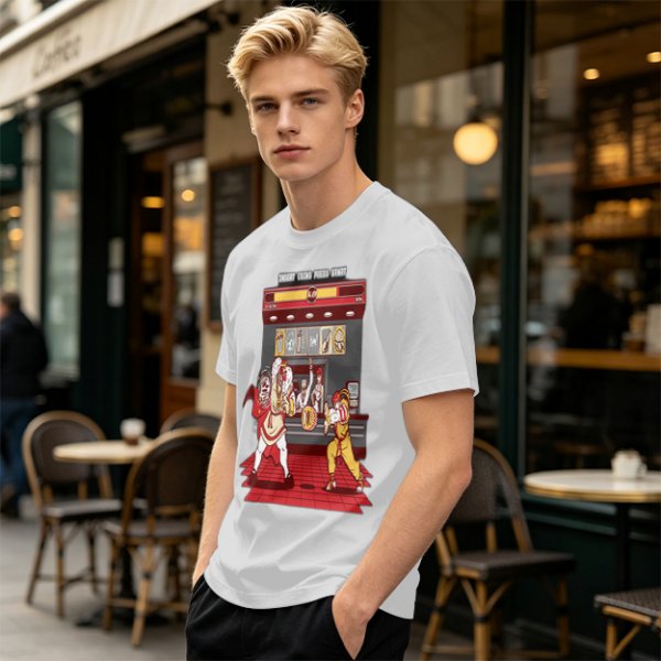 Olive T-shirt with Fast Food Themed Street Fighter Style Fight Artwork
