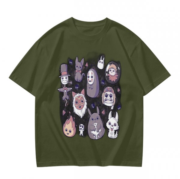 Olive T-Shirt With Cute Studio Ghibli Character Print