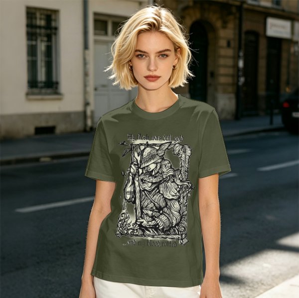 Olive t-shirt with medieval wanderer graphic and gothic text print