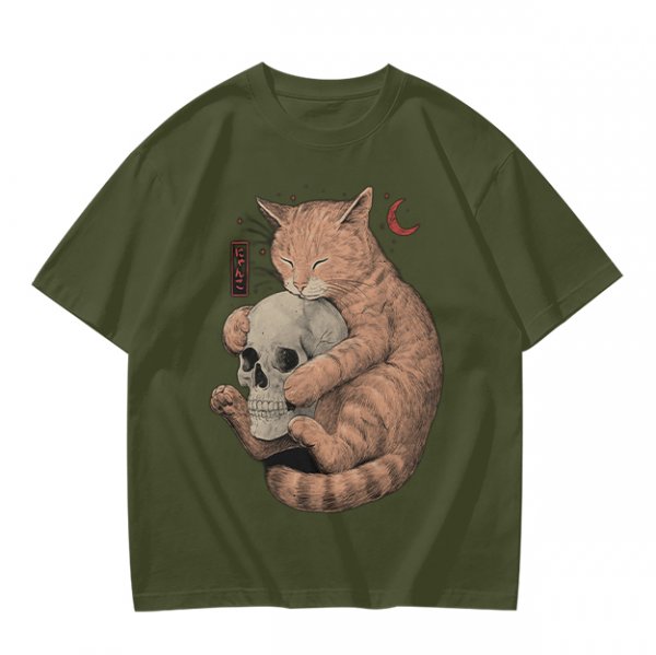 Olive T-Shirt Featuring a Ginger Cat Hugging a Skull