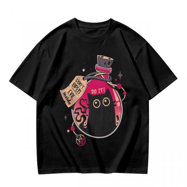 Olive T-shirt with a potion bottle holding a black cat that says don't open evil inside do it