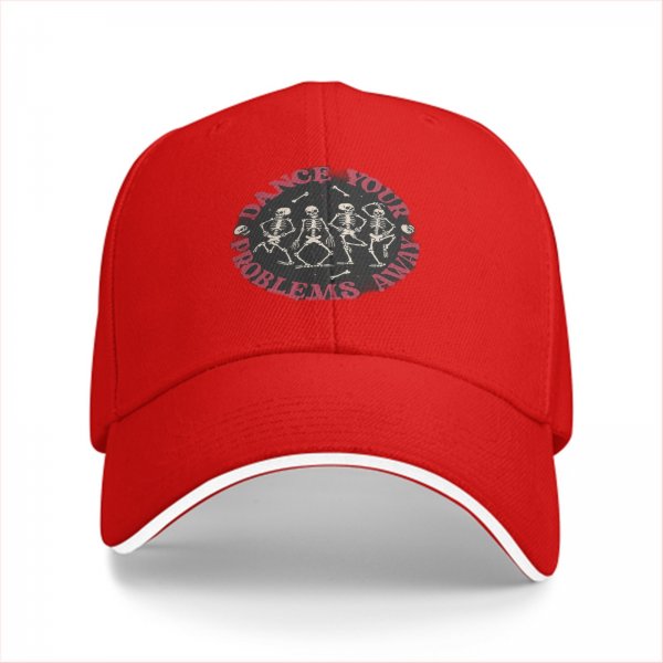 Black baseball cap with dancing skeletons and 'Dance Your Problems Away' text