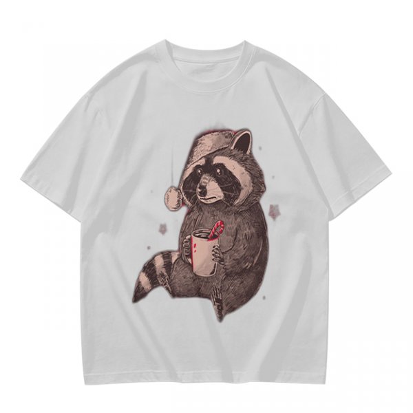 Olive T-Shirt With Raccoon In Santa Hat Holding Mug Print