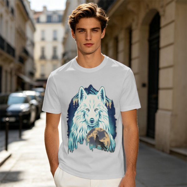 Olive T-Shirt With White Wolf And Howling Wolf Moon Graphic