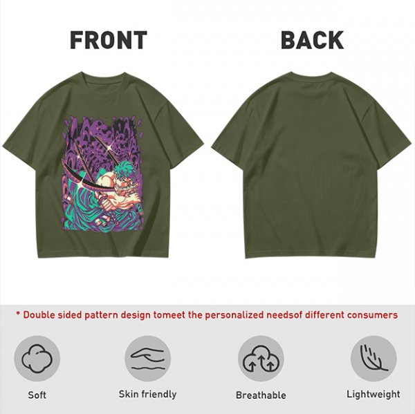 Olive T-Shirt With Anime Swordsman Graphic Print