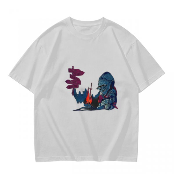 Olive T-Shirt With Dark Souls Knight At Campfire Death Sign Print