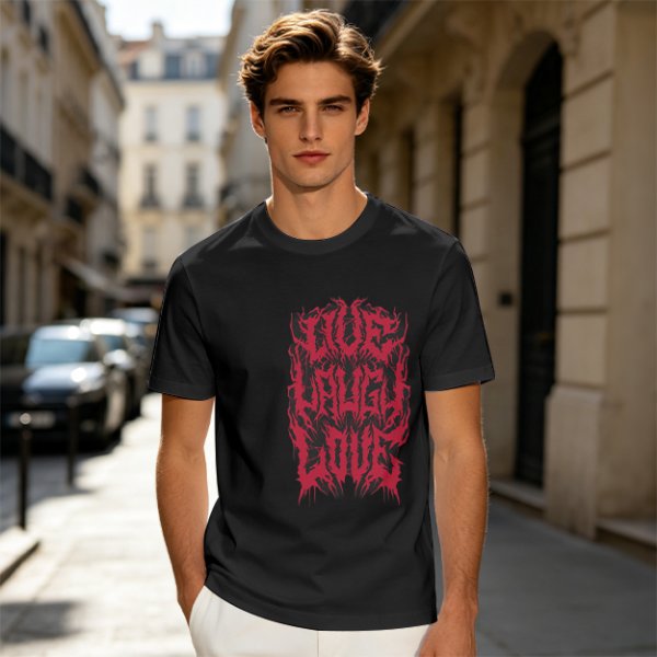 Olive green graphic t-shirt with dark metal style Live Laugh Love print