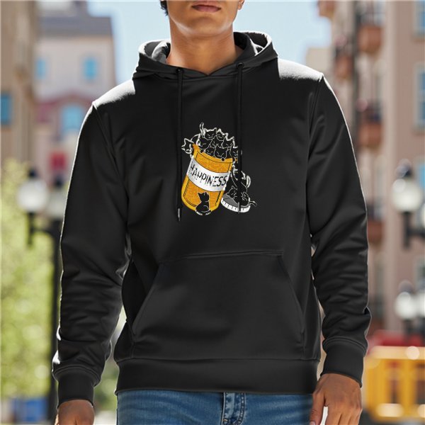 Black hoodie with happiness pill bottle and playful cats graphic