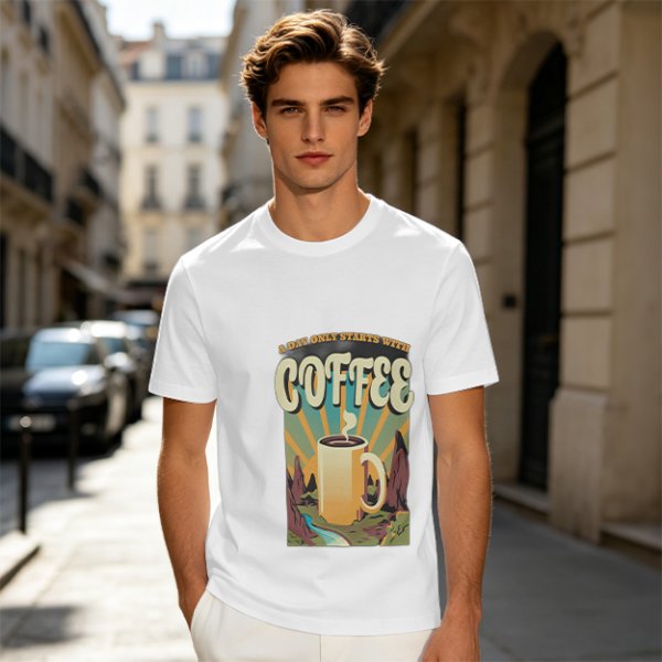 Olive Graphic T-Shirt With Coffee And Mountain Sunrise Design