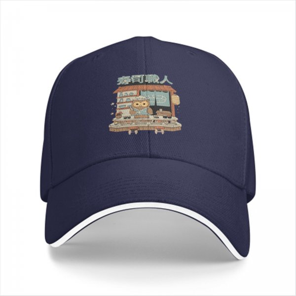 Black baseball cap with owl sushi chef graphic