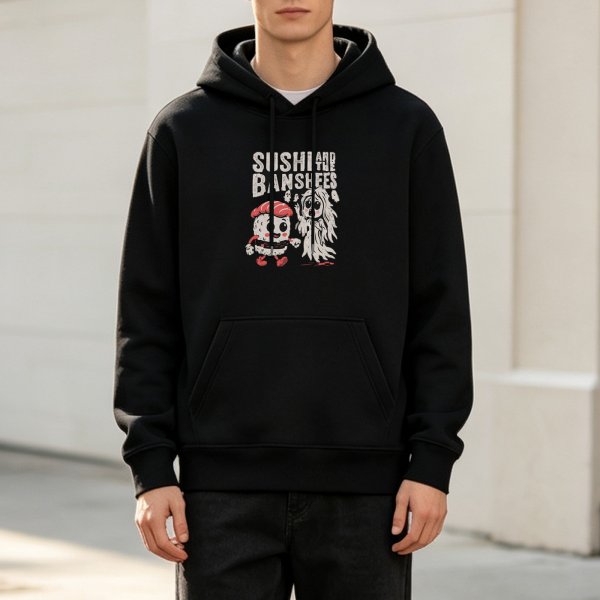 Black hoodie with sushi and banshee graphic design