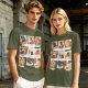 Olive T-Shirt with 9 Grid Cute Cat Illustrations Print