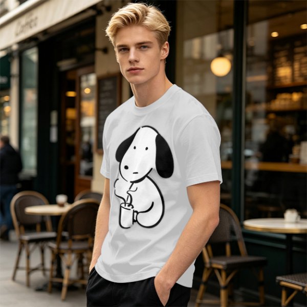 Olive Green T-Shirt With Cartoon Dog Holding Hot Drink Graphic