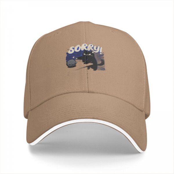Black baseball cap with angry black cat graphic and 'SORRY!' text