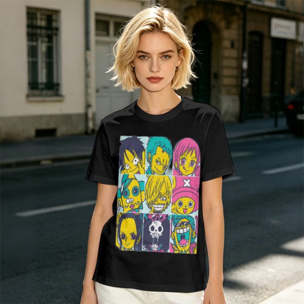 Olive T-shirt with One Piece x Simpsons Style Character Grid Print