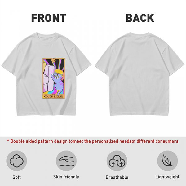 Olive green t-shirt with three-eyed cat couch killer tarot-style graphic