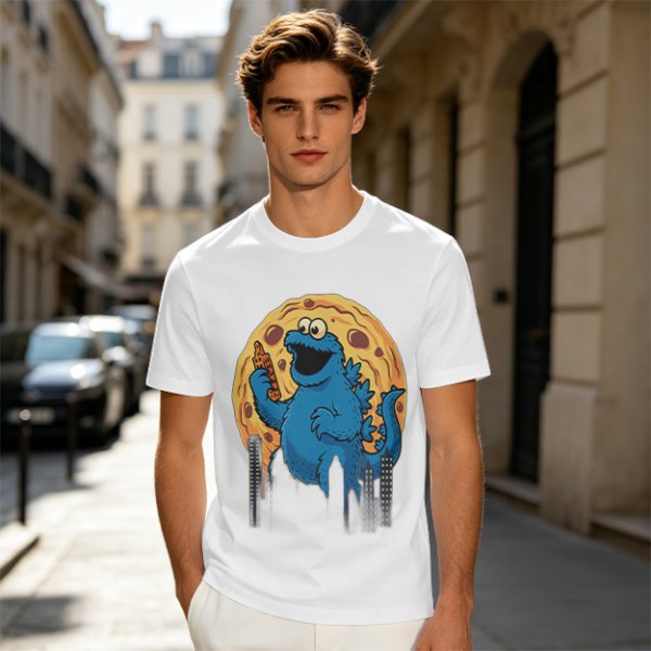 Olive T-Shirt Featuring Giant Cookie Monster Holding Cookie Against Moon