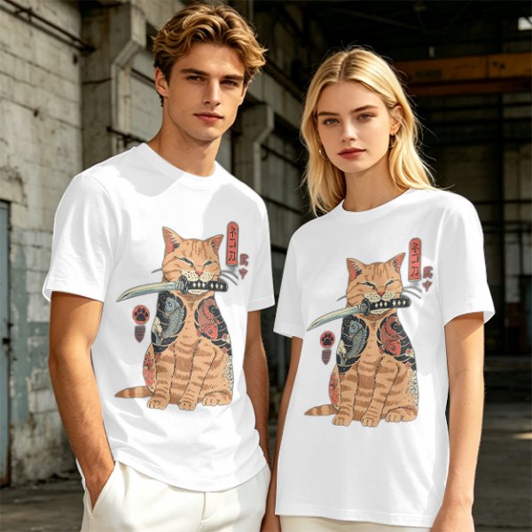 Olive T-Shirt With Samurai Cat Holding Katana And Koi Tattoos