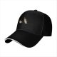 Black baseball cap with cartoon coffee cup and wine bottle graphic