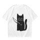 Olive T-Shirt With Cute Black Cat Holding Knife Graphic