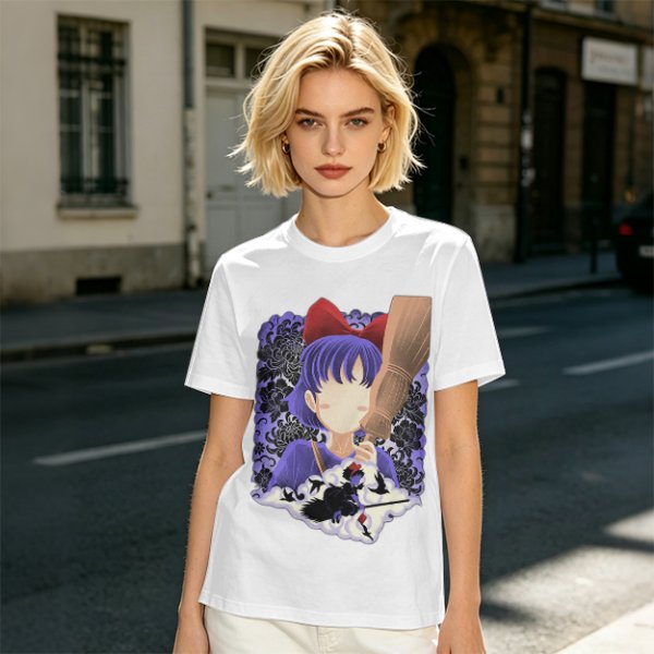 Olive T-Shirt With Witch Anime Girl and Cat Silhouette Print