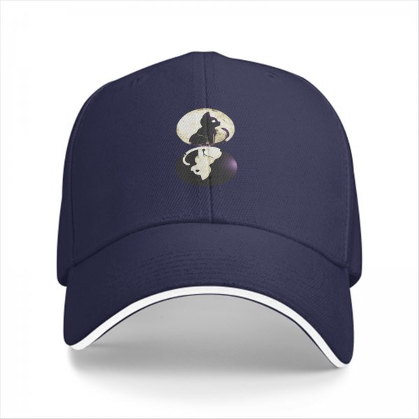 Black baseball cap with black and white cat moon graphic