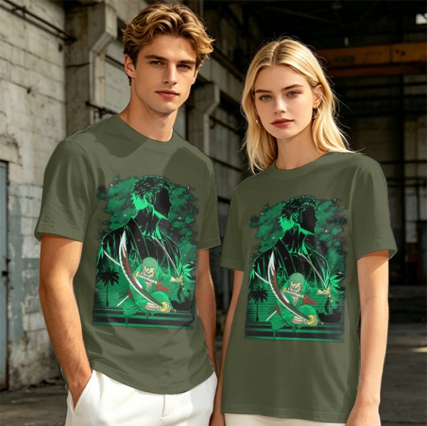 Olive Green Anime T-Shirt With Swordsman Character Artwork