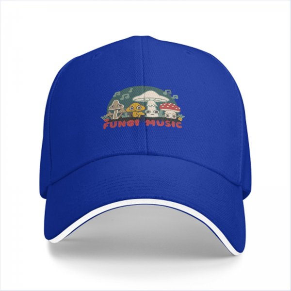 Black baseball cap with cute fungi music graphic design