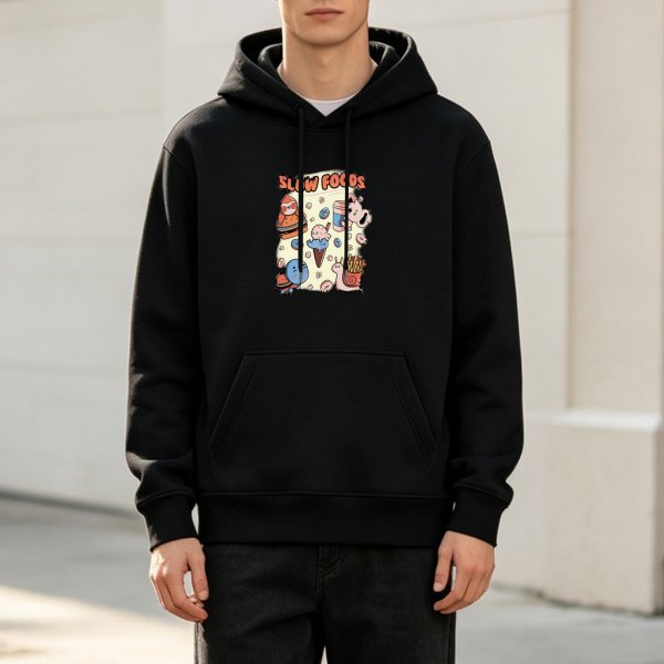 Black hoodie with 'Slow Foods' cute fast food animal graphic