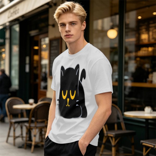 Olive T-Shirt with Relaxed Black Cat Graphic Design