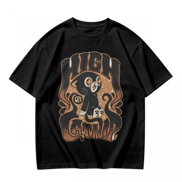 Olive green graphic t-shirt with a high on catip black cat print