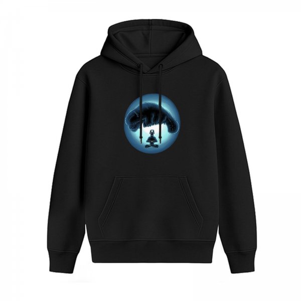 Black hoodie with glowing blue circle print featuring skeleton and large creature