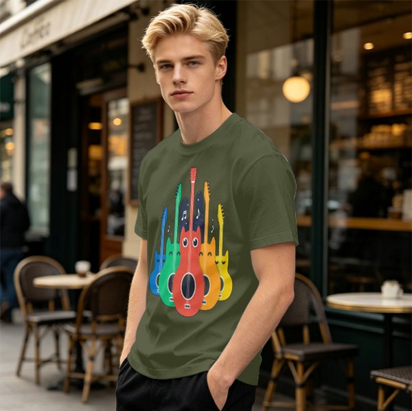 Olive T-Shirt With Colorful Cat Guitar Illustration