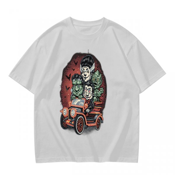 Halloween Monster Characters Driving Vintage Car Graphic T-Shirt