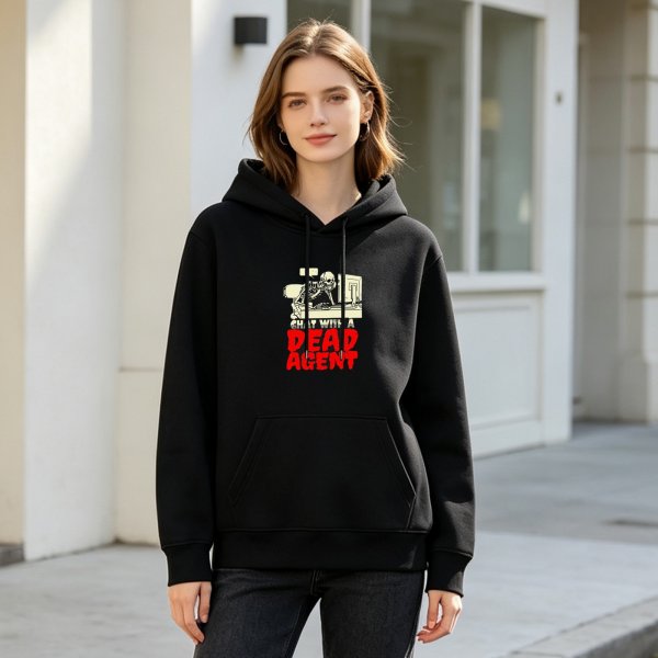 Black hoodie with 'Chat With A Dead Agent' skeleton graphic
