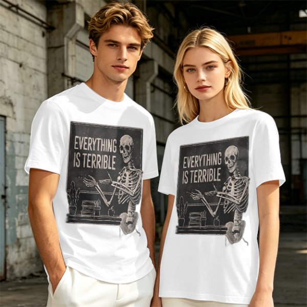 Olive t-shirt with skeleton teacher and 'Everything Is Terrible' print