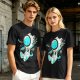 Olive T-Shirt with Astronaut Cat and Fish Graphic Print