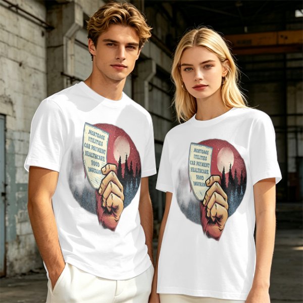 Olive T-Shirt With Hand Holding Bill Of Monthly Expenses Art