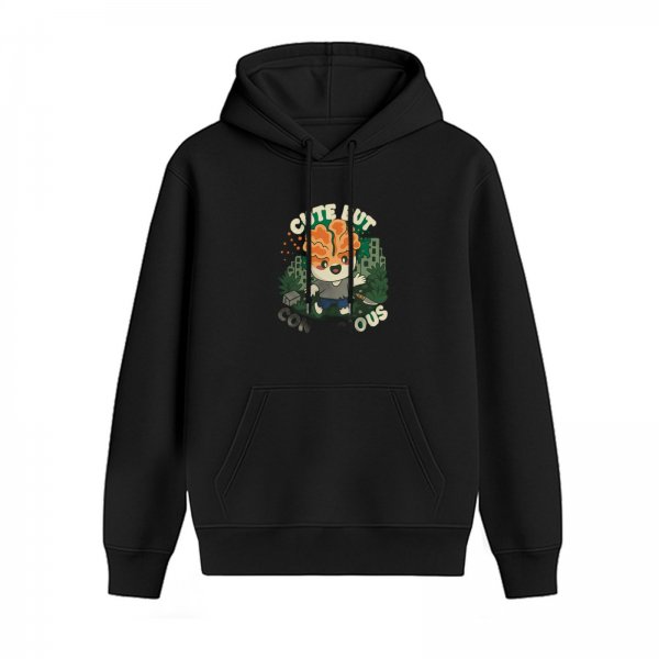 Black Hoodie With Cute But Cautionary Mushroom Character Graphic