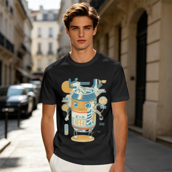 Olive T-Shirt With Kawaii Beer Can Robot Graphic