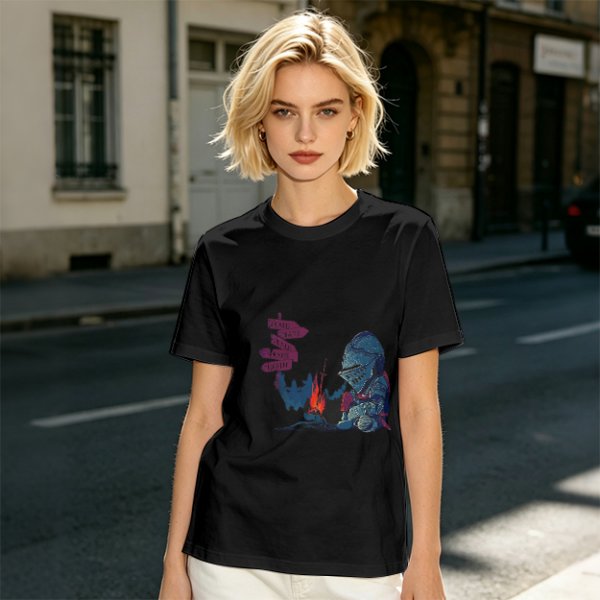 Olive T-Shirt With Dark Souls Knight At Campfire Death Sign Print