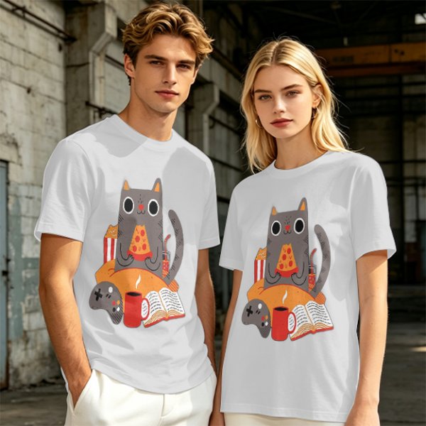 Olive T-Shirt With Cozy Cat Eating Pizza And Gaming Print